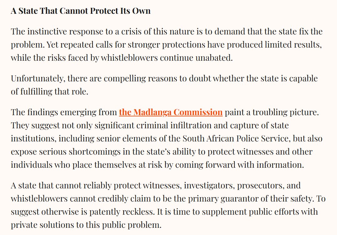 Paratus2014's tweet photo. I wrote about the need for private efforts to protect whistleblowers in SA, and what that may look like. An idea whose time has come?

It's well worth becoming a paid subscriber of the @CommonSense_ZA so you can read the articles behind the paywall.

https://t.co/RHPAxpXvPY https://t.co/VZA9B0JH3B