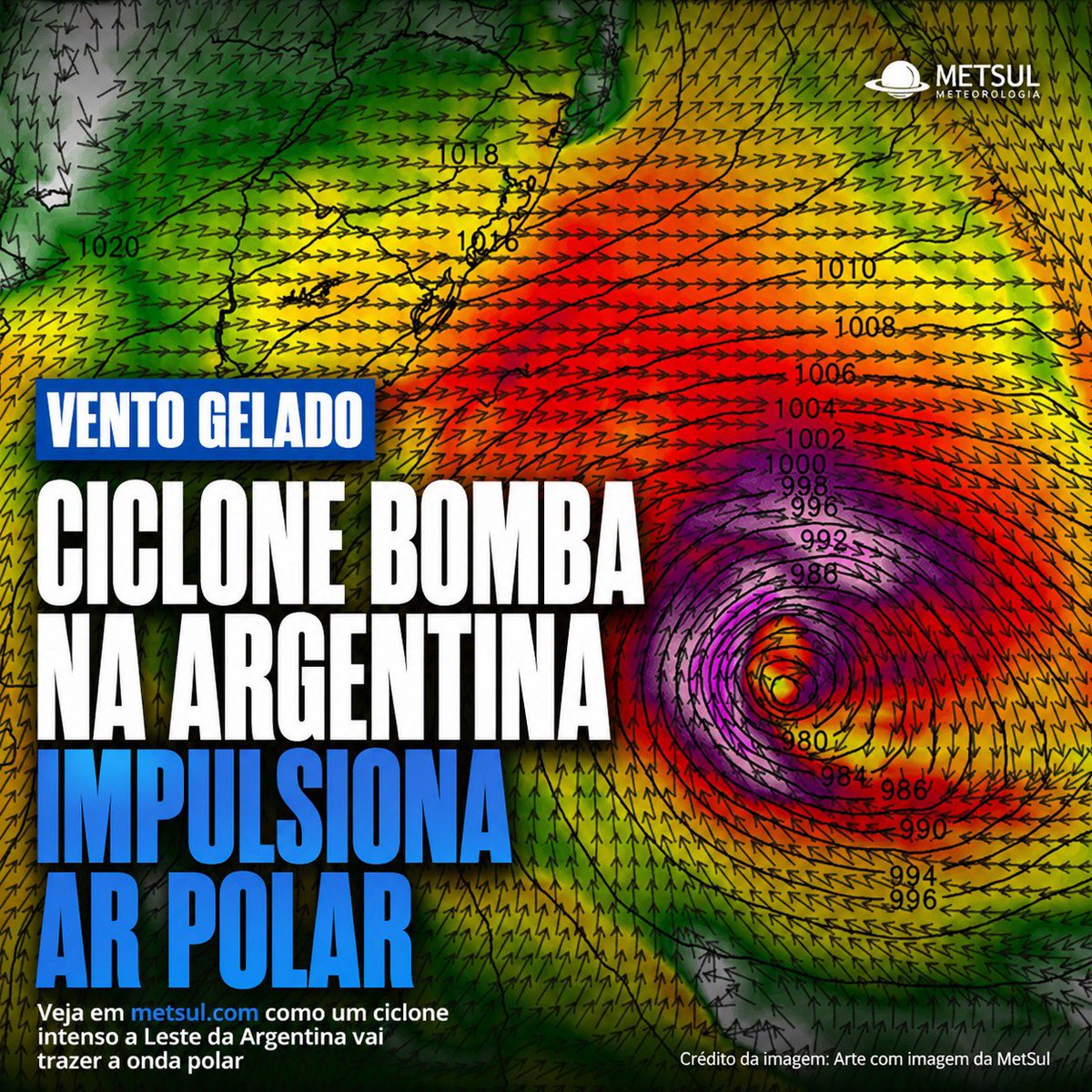 metsul's tweet photo. 🌀 TEMPO | Ciclone bomba vai se formar a Leste da Argentina e **não oferece perigo ao Sul do Brasil de vento muito intenso** amanhã. Sistema vai impulsionar o ar polar que irá gelar os estados do Sul com baixa sensação térmica pelo vento nesta terça. ▶️ https://t.co/rlxAy841tb https://t.co/6STrQbbCSx