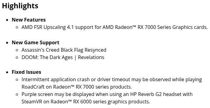 opinali's tweet photo. Adrenalin 26.6.2, surprising everyone with anticipated release of FSR 4.1 for RDNA3 (promised "July", could be 5W from now). And FSR4 FOR VULKAN, I CALLED IT!

Valve also got a Proton Experimental update for Linux. Nice to see rare AMD W delivering this stuff early... 🧵 https://t.co/Pz3Xk7hu65