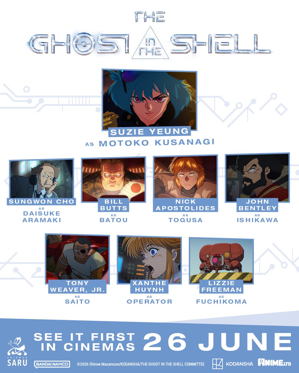AllTheAnime's tweet photo. Say hello to your English cast of THE GHOST IN THE SHELL! 🤖

🍿 See the English dub first in cinemas 26 June; watch the series exclusively on Amazon Prime from July 7th https://t.co/rx24kBbbs9 https://t.co/O4TCtKUUV8