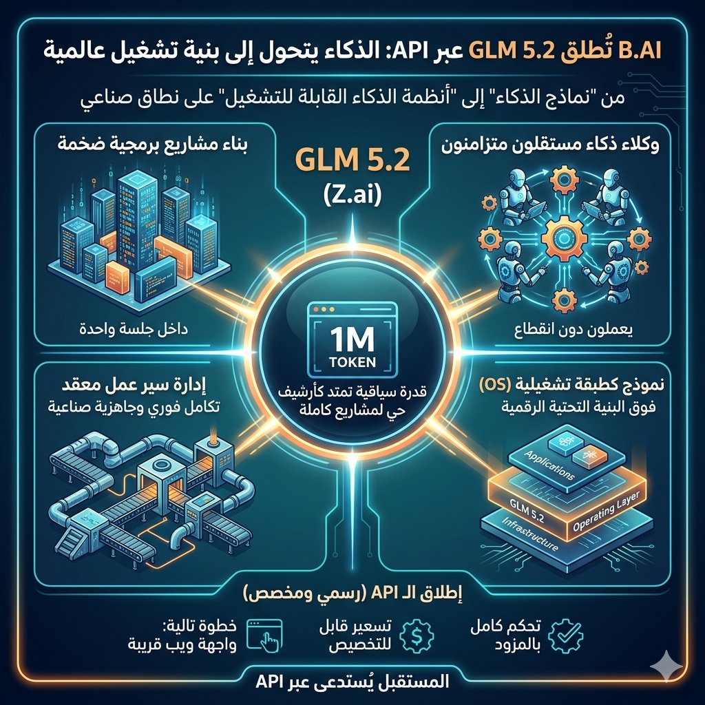 G8TQ6's tweet photo. 🚀  عندما يتحول الذكاء إلى بنية تشغيل عالمية

في لحظة تبدو كأنها قفزة هادئة في الظاهر… لكنها في العمق إعادة تشكيل لمسار الذكاء الاصطناعي بالكامل.

تعلن منصة https://t.co/vcPrZC73jL عن إطلاق GLM 5.2 عبر واجهة API، كنموذج لا يكتفي بالفهم أو التوليد، بل يتجه نحو التشغيل الفعلي على نطاق صناعي.

النموذج المطوَّر من https://t.co/s6o9WfDWHU يأتي بقدرة سياقية تصل إلى 1M token، رقم لا يعني “سعة أكبر” فقط… بل يعني ذاكرة تشغيل تمتد كأنها أرشيف حي لمشاريع كاملة تُدار داخل نموذج واحد.

💡 تخيّل: مشاريع برمجية ضخمة تُبنى داخل جلسة واحدة
وكلاء ذكاء يعملون بشكل مستقل ومتزامن
وسير عمل معقد يُدار دون انقطاع أو فقدان سياق

هنا لا يعود النموذج مجرد أداة… بل يتحول إلى “طبقة تشغيل” فوق البنية التحتية الرقمية نفسها.

🚀 ومع إطلاق الـAPI بوضعيه الرسمي والمخصص، تصبح المعادلة أكثر مرونة: تحكم كامل بالمزود + تسعير قابل للتخصيص + جاهزية للتكامل الفوري.

والخطوة التالية واضحة: الدخول إلى واجهة ويب للمحادثة… قريبًا.

📌 ما يحدث ليس تحديثًا تقنيًا…
بل انتقال من “نماذج الذكاء” إلى “أنظمة الذكاء القابلة للتشغيل”.

🌐 المستقبل لا يُجرَّب الآن… بل يُستدعى عبر API.

#TGF #TRON
#TRONGlobalFriends @BAI_AGI @justinsuntron