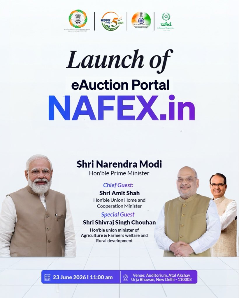 MinOfCooperatn's tweet photo. Empowering Cooperatives through Digital Innovation!

In a major step towards Sahkar Se Samriddhi, Hon'ble Union Home and Cooperation Minister Shri @AmitShah will launch a suite of transformative digital and welfare initiatives to empower India's cooperative ecosystem:

🌐 https://t.co/MiyzVWTiDk – eAuction Portal
💻 SAKSHAM – Enterprise Resource Planning (ERP)
👁️ DRISHTI- Inventory Management System
🎓 KALYAN – @nafedindia Scholarship Scheme for Empowering Farmers' Families through Education

On this occasion, Hon'ble Minister of  Agriculture & Rural Development and Farmers Welfare, Shri @ChouhanShivraj ji will grace the event.

🗓️ 23 June 2026
⏰ 11:00 AM onwards
🏢 Auditorium, Atal Akshay Urja Bhawan, New Delhi

Watch LIVE: https://t.co/WivFchMa7U

Read more: https://t.co/13EPwcl0zK

#EmpoweringCooperatives #SahkarSeSamriddhi #SahkarKe5Saal