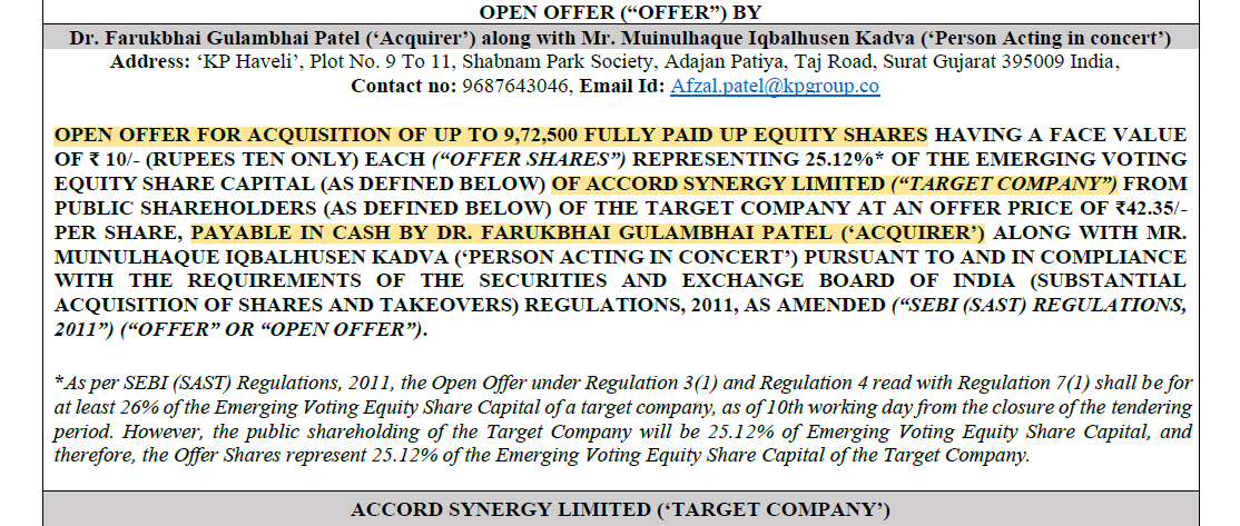 bastionresearch's tweet photo. Small company. Big promoter entry.

Accord Synergy, a ~Rs. 40 Cr MCap Company, is seeing a major promoter-level change.

Dr. Faruk Patel, promoter of KP Group, is acquiring stake in the company.

Post full acceptance, Dr. Faruk Patel can hold ~68%.

A tiny telecom infra company. A large renewable energy promoter entering.

Doesn’t look like a routine entry. Something is brewing. 🧐