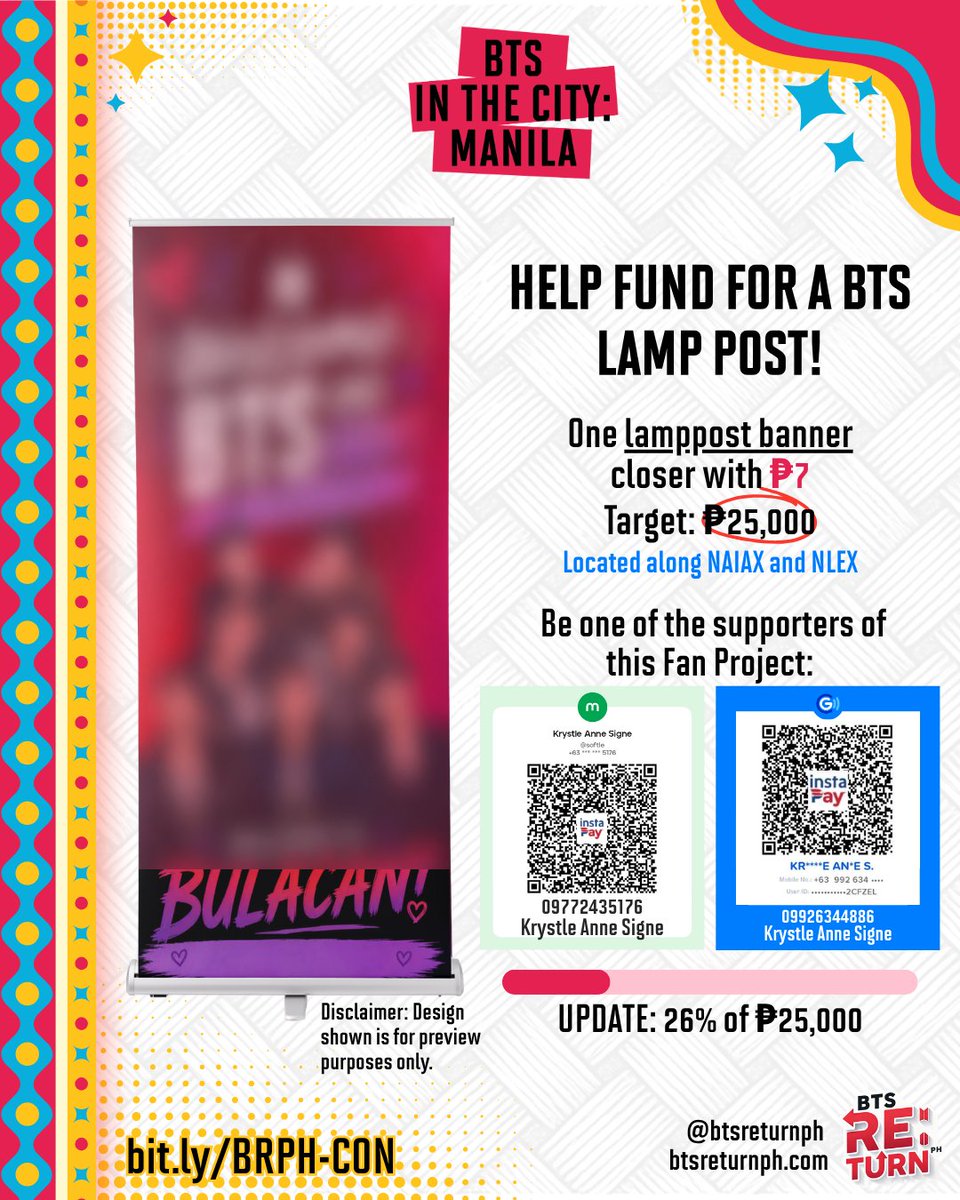 BTSstreamers's tweet photo. 🚨💜 LAMP POST PROJECT UPDATE 💜🚨

We've officially raised ₱6,646.88 out of ₱25,000 — that's 26% funded! 🎉✨

Thank you to everyone who has donated and shared our campaign so far. Every contribution is helping us bring this BTS fan project to life and create a special welcome for BTS on their way to Bulacan. 🇵🇭💜

🫶 Every ₱7 donation brings us one step closer to making this fan project happen!

📢 Want to leave your mark on the project?
Lamppost banner slots are now open for individual ARMYs! Sponsors will have their name or username featured on the banner as part of this fan-led welcome project. 💜

🔗 Donate here: https://t.co/0gaLBnCYpx
🔗 Learn more: https://t.co/DHRLWbai1a

Let's keep the purple wave going and reach our next milestone together! 💜🔥

#BTSRE_TURNPH #BTS
#BTS_WORLDTOUR_ARIRANG
#BTS_WORLDTOUR_ARIRANG_BULACAN
#BTS_WORLDTOUR_ARIRANG_ASIA