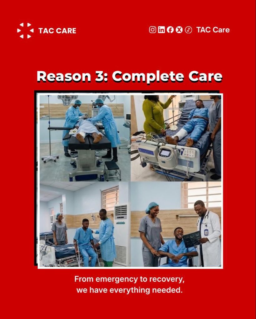 TAC_Care_'s tweet photo. At TAC Care, ICU, HDU, Theatre &amp; Pharmacy are all in one building. No delays, no transfers.

We’re open 24/7 with doctors, nurses &amp; specialists on duty. From emergency to recovery, we’ve got you covered.

📍1st Floor, SDG building, LASUTH-Ikeja, Lagos. https://t.co/pQIMjl7Ptu