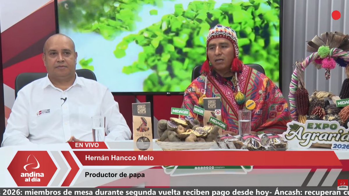 Agencia_Andina's tweet photo. #AndinaCanalOnline ¡EXPOAGRARIA 2026! Vuelve la gran despensa de la agricultura familiar que reunirá a productores de más de 20 regiones en Lima. Hoy nos acompaña en el estudio Miguel Watts, vocero del Midagri y Hernán Hancco Melo, productor de papa, quien compartirá su experiencia.👉 https://t.co/VVkDLeLNiu