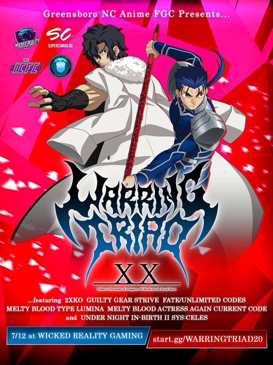 SuperComboGG's tweet photo. We're celebrating the 20th edition of WARRING TRIAD with a special lineup for our very own @jdotvalentine!

🕹️ #2XKO #FUC #GGST #MBTL #MBAACC #UNI2
📆 Sunday, July 12
📍 Wicked Reality Gaming, Greensboro NC

Register Now: https://t.co/LMJ2TMVdNV

#WarringTriadGSO https://t.co/2pGuO7C1qc