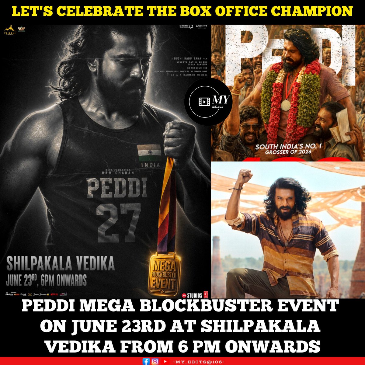 YaswanthPowers5's tweet photo. PEDDI MEGA BLOCKBUSTER EVENT tomorrow at Shilpakala Vedika from 6 PM onwards ❤‍🔥

 #PEDDI #peddikiaawaz #MegaBlockBusterEvent #PeddiSuccessCelebration #PeddiMovie #RamCharan #BuchiBabuSana #ARRahman https://t.co/6IKKepDp8G