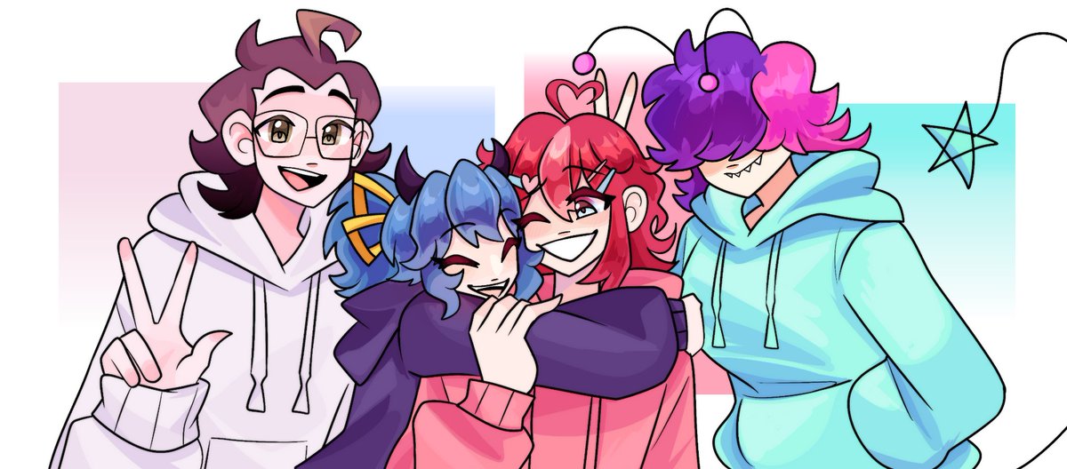 Cocoagameplays's tweet photo. TA-DA!!!!

I commissioned the AMAZING Qwellkraft_ over on VGen this lovely artwork! They are also on Instagram understand the same username!

Far left; @IndexVoss 
Middle left; Sisdex
Middle Right; Me
Far Right; @Tired_Galaxy_ 

🎨 By Quellkraft_ https://t.co/v2SlVTszN4