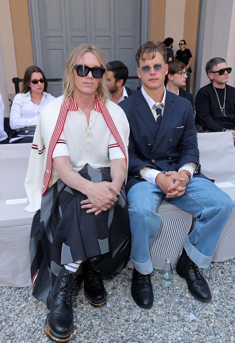 Jennife45487237's tweet photo. Jamie Campbell Bower and Joe Burrow attend the Thom Browne fashion show during the Milan Fashion Week - Menswear Spring/Summer 2027 on June 22, 2026 in Milan, Italy.  #Bengals #WhoDey https://t.co/FMbvjES9dc