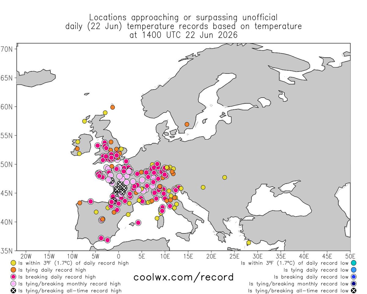 WeatherProf's tweet photo. 7 all-time records (black) reached so far in #France upto 42C (108F) so far today!! Dozens of June records broken across #Europe #heatwave https://t.co/awtldEQ8jp