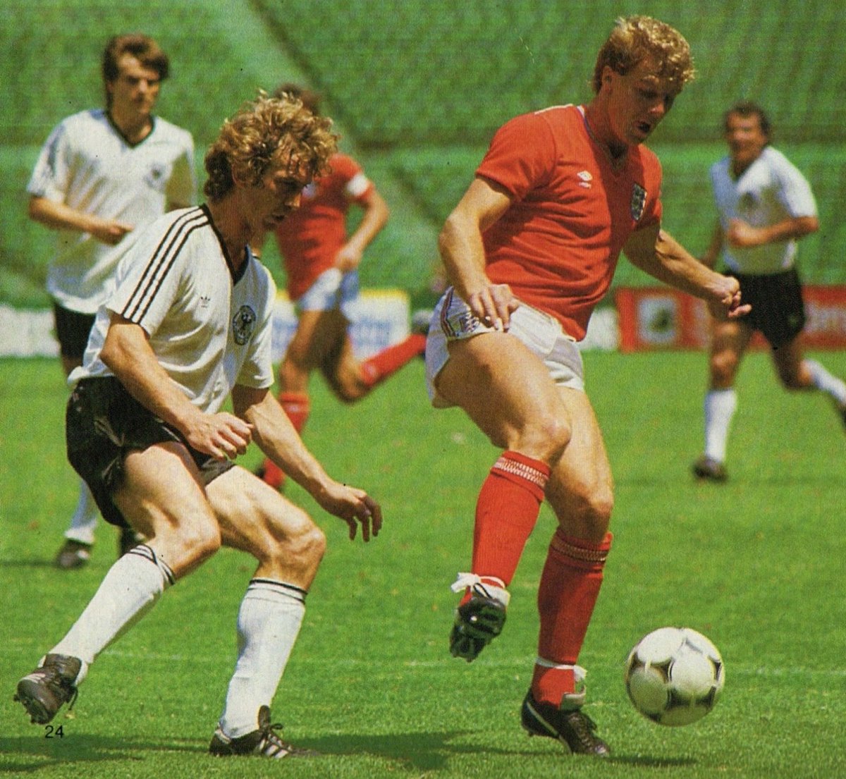 Theleaguemag's tweet photo. England’s Kerry Dixon shields the ball from Dietmar Jakobs of Germany https://t.co/sqilV3WCfZ