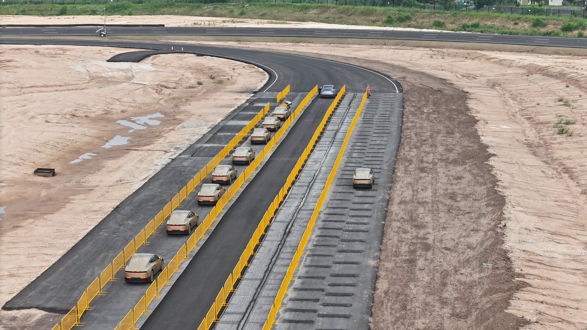 JoeTegtmeyer's tweet photo. What is better than seeing a bunch of Cybercabs at Giga Texas? How about 10 driving on the Test Track in a large pack?

I was just in time to capture this testing underway. To my knowledge this is the largest group of Cybercabs on the track at any given time so far! 

On the 1-year anniversary of the @robotaxi service going live, I think this is encouraging to see … I hope soon we see these out on the streets taking paying passengers, scaling the @Robotaxi service fleet up & expanding to new locations.