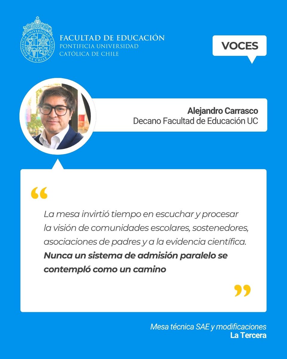 Fac_EducacionUC's tweet photo. 📢 Alejandro Carrasco, decano de #EducaciónUC, participó en una nota de @latercera sobre las propuestas de modificación al SAE, relevando la importancia de perfeccionar el sistema en base a evidencia y análisis técnico.
📰 Lee la nota: https://t.co/vhkJ6eXN9k
#SAE #EducaciónChile https://t.co/op8xCslfkG