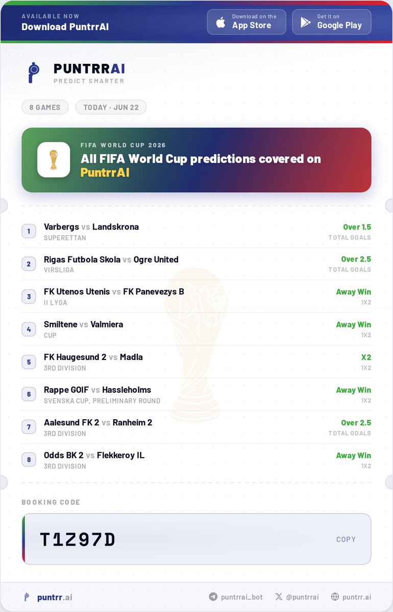 PuntrrAi's tweet photo. @dorcasbricks @BerryYNWA1 🔄 Converted 5HYB7KW ➡ Sportybet
📋 7/8 Games Matched | ?x Odds
📌 Code: T1Z97D
⚠️ 1 game(s) unavailable on Sportybet

📲 Download our app at https://t.co/u2E1fdxzd6 or check out our Telegram: https://t.co/Xe5YeZDKBK https://t.co/rZIfJ8G3HP