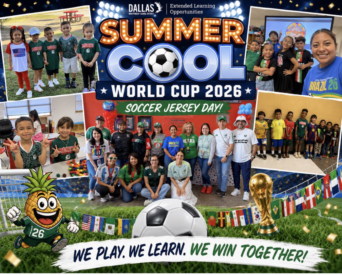 SPEDTEACHDISD's tweet photo. Celebrating our #WorldCup2026 spirit at #SummerCool2026 w/ our campus jersey day! ⚽️ @JackLoweSrES @Region5_DISD @DisdELO #DISDELO #ExtendedLearning @dallasschools https://t.co/5KgQSbjEg4