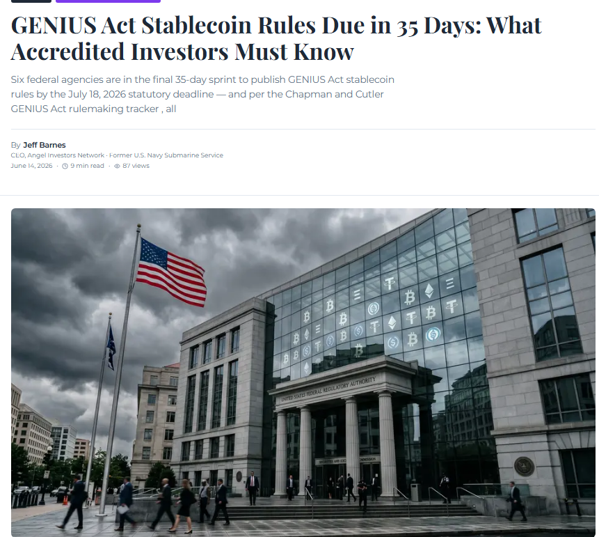 Ibrahim1978A's tweet photo. Six agencies have 26 days to finalize stablecoin rules
July 18 is the GENIUS Act statutory deadline
After that, $230B in stablecoins operates inside a live regulatory framework for the first time
The industry asked for clarity for years
Now it gets it all at once https://t.co/9LKTKTSu1O