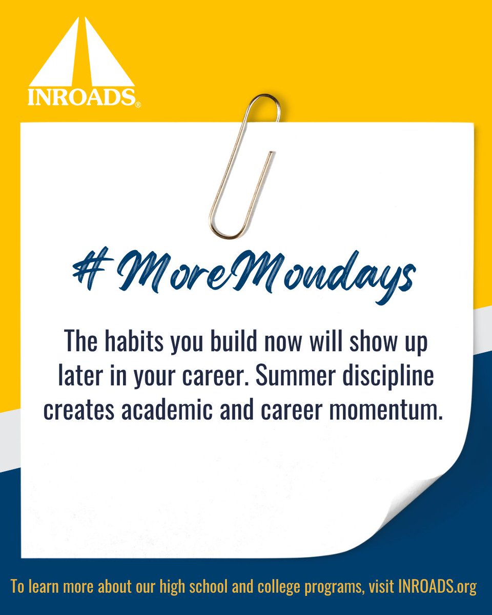INROADS's tweet photo. Stay focused. Stay disciplined. Your future self will thank you for the work you put in today. ➡️ https://t.co/zjBnxDqe9I

#MondayMotivation #INROADS #LeadershipDevelopment #CareerReadiness #FutureLeaders #ProfessionalDevelopment #StudentSuccess https://t.co/V3WEDWyftE