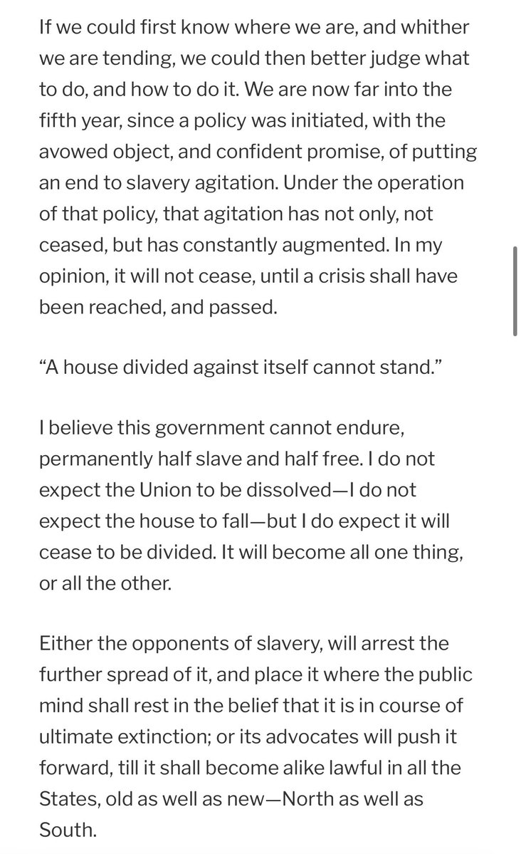 AnonMoG's tweet photo. Never let them tell you it wasn’t about slavery.

Abraham Lincoln, address to the Republican National Convention, 1858: https://t.co/iqfFkCUibG