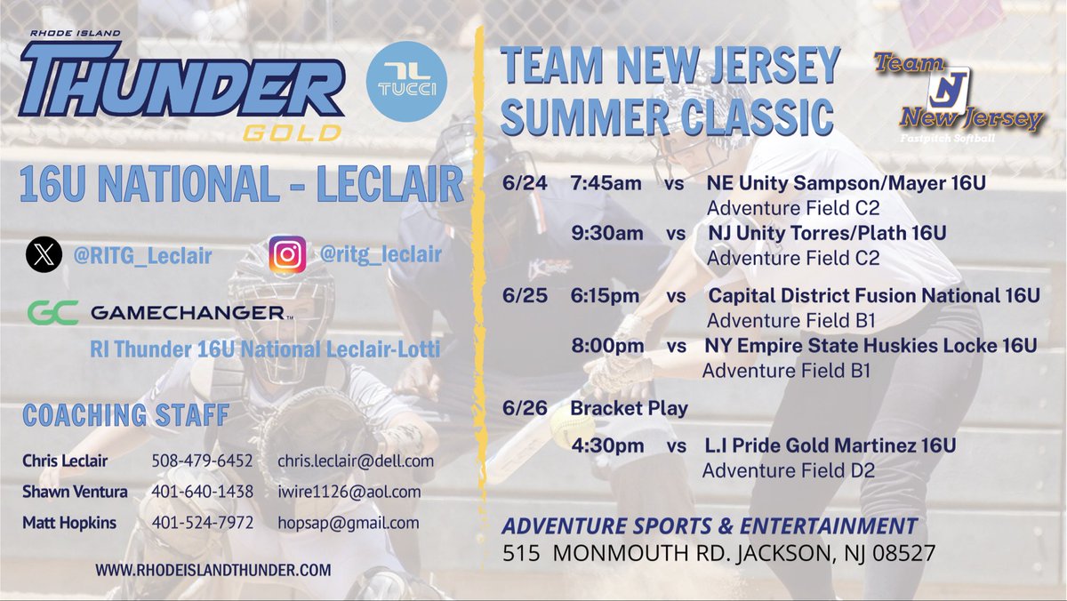 RITG_Leclair's tweet photo. After a strong competitive weekend at Pennesbury, we head over to NJ for the @TeamNJSoftball Summer Classic. Schedule below 👇🏻👇🏻👇🏻

@thunderjam134
@leclaircoach
@CoachDocHop
@BobRossiRITG @SoftbalAmerica @LineDsoftball @PrepSoftball @ExtraInningSB
@coastrecruits
@SoftballRecruit  @SoftbalAmerica
@TOP_D1RECRUITS @SBRRetweets
@Day1toD1