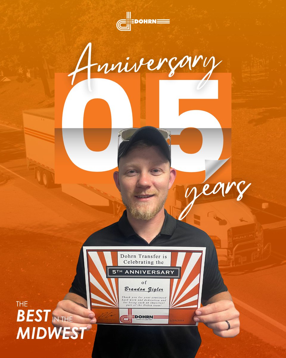 Dohrn_LLC's tweet photo. 🎉 Welcome to the 5-Year Club, Brandon Zigler from our Rock Falls Terminal! 🚧 That’s 5 years of navigating construction zones &amp; beating the weather like a pro. We appreciate all you do! 🙌 #Teamwork #Milestone https://t.co/hIy2R3lvtO