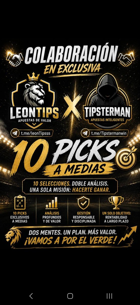 TipsterMann's tweet photo. 🚨🚨MUY BUENAS TARDES!!🚨🚨

Hoy vamos a arrancar un duo nuy guapo en el que crearemos varias apuestas juntos en las que habrá grandes análisis y pronósticos conjuntos para crear una apuesta.

Estar atentos y ir a su canal iremos subiendo ambos nuestras apuestas y lo vamos a reventar!!!

Aquí os dejo ambos canales para que los sigais de primera mano.🔥
👇👇
https://t.co/rWvAQhtBa6

https://t.co/EB0Zm2LNzT

Lets Goooooo🏆🔥