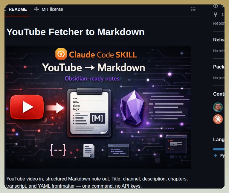 tom_doerr's tweet photo. Converts YouTube videos into structured Markdown without API keys

https://t.co/eoLcECFcDN https://t.co/lIDGccDT3U