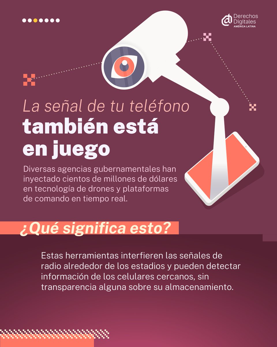 derechosdigital's tweet photo. ⚽️ Más de 5 millones de personas asisten en las próximas semanas a la Copa del Mundo en Estados Unidos, México y Canadá, pero hay un juego paralelo fuera de la cancha: un despliegue sin precedentes de vigilancia masiva e invasiva sobre la afición. https://t.co/YsUxIpYJJU