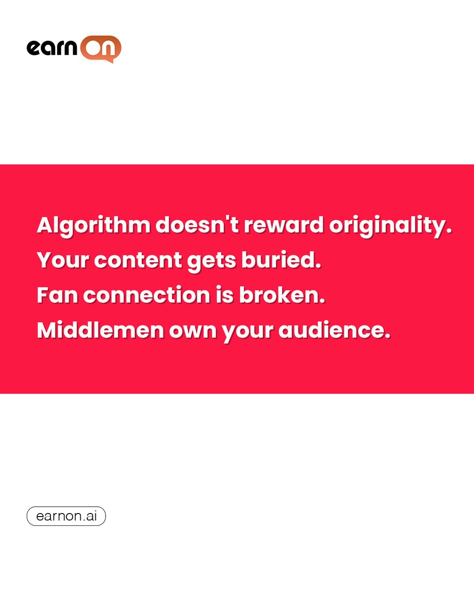 EarnOn_AI's tweet photo. 🚨 7 Brutal Creator Truths Nobody Talks About

You're creating more.
Posting more.
Working harder than ever.

But the reality?

❌ Algorithms don't reward originality.
❌ Your content gets buried.
❌ Fan connections get filtered.
❌ Platforms and middlemen control your reach.

Creators deserve more than chasing trends and fighting for visibility.

✨ Enter EarnOn.

A platform built for creators who want:

✅ Direct audience connections
✅ Real visibility
✅ Stronger communities
✅ More ownership of their content
✅ Multiple income opportunities

Stop building someone else's platform.

Start building your own creator economy.

🔗 Discover the future of creator monetization at https://t.co/H46zW1ea4O

#EarnOn #CreatorEconomy #ContentCreator #CreatorMonetization #DigitalCreator #InfluencerMarketing #CreatorTools #AudienceGrowth #PersonalBrand #ContentMarketing #SocialMediaGrowth #CreatorPlatform #CommunityBuilding #MonetizeYourContent #FutureOfCreators
