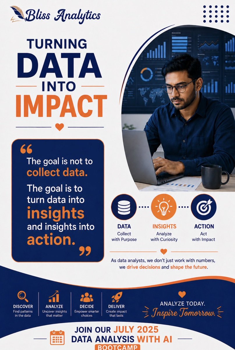 Bliss_Analytics's tweet photo. ๐ #Data is more than numbersโit drives decisions.
As #dataanalysts, we turn raw data into actionable insights that create real impact.
๐ Join our July #DataAnalysis with AI Bootcamp at Bliss Analytics to level up your skills in #Excel, #SQL #Power BI & #AI .
#BlissAnalytics https://t.co/3KcjlSKw70