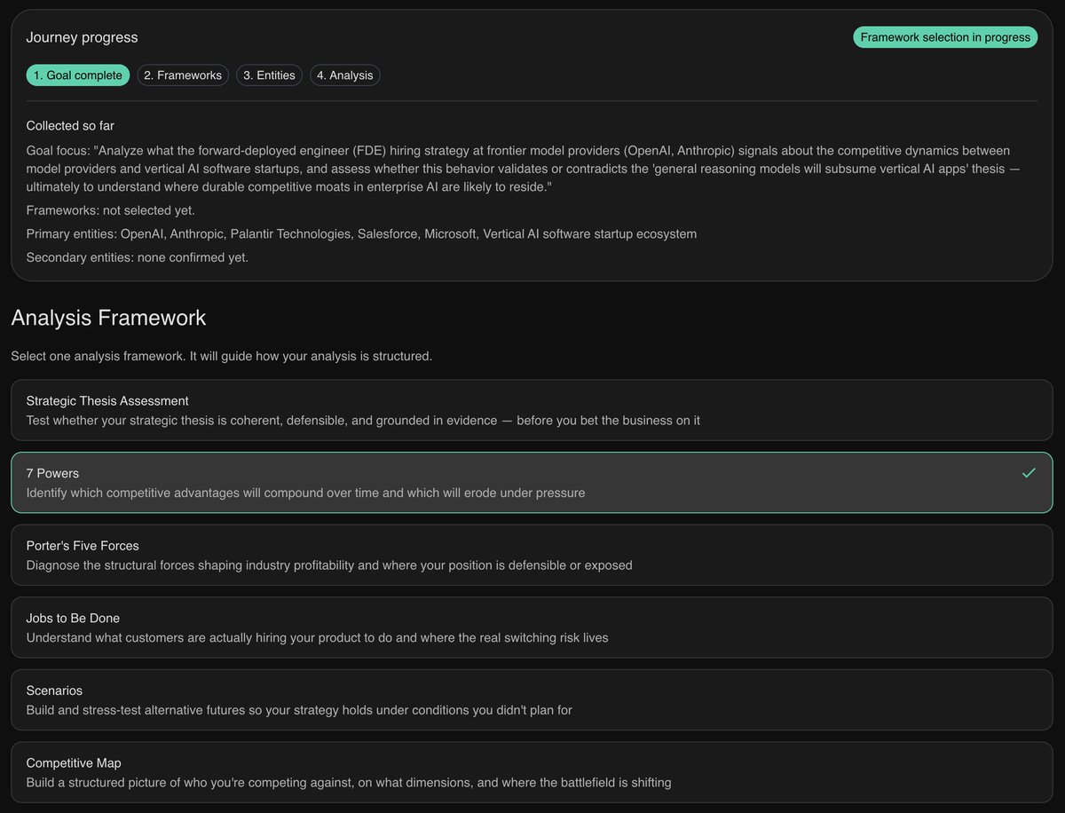 m_g_nichols's tweet photo. Investors are afraid that the general reasoning models of foundation labs will consume vertical applications. Are they right?

OpenAI and Anthropic just spent billions proving that general AI models won't replace vertical AI startups - at least not most of them. They proved it by hiring thousands of forward-deployed engineers to go live inside enterprise customers and build the workflows the models can't build themselves.

I ran this question through Phaneros using 7 Powers as the analytical framework. Here's what the analysis surfaced: The FDE hiring wave is not a threat to vertical AI. It's a threat to Accenture.

OpenAI's Deployment Company launched at a $14B valuation with McKinsey, Bain, and Capgemini as investors, the same firms it's now competing against for enterprise implementation budgets. Accenture fell 3% on the announcement.

General models are commoditizing the reasoning layer of vertical AI. But the deployment layer (workflow integration, compliance scaffolding, proprietary data accumulation) is not commoditizable by model improvement alone. Harvey hit $190M ARR despite frontier models matching its legal reasoning capability. The defensive moat is not the model. It's the 25,000 custom agents wired into law firm workflows.

Strategically, this makes sense. It's very difficult to be both horizontal and vertical. The foundation labs are doing vertical project business to sell tokens. Whether that's a scalable and sustainable business model is yet to be seen.

The deep-research analysis runs 28 pages with a full evidence base, falsifiability conditions, and adversarial audit. Screenshots of it in action below: guided query, framework selection, entity mapping, and analysis.

This is what Phaneros produces. If you'd like a one-week trial, DM me.