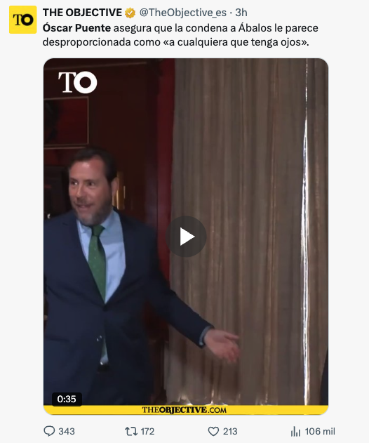 Dario_Madrid_F's tweet photo. Voy a hacerle un favor a Óscar Puente y voy a explicarle cómo se llega a la condena de 24 años y 3 meses para su compañero de partido, José Luis Ábalos. Yo tengo ojos y sé leer.

No se le condena por un delito. Se le condena por 9 delitos:
- Organización criminal: 5 años y 6 meses.
- Cohecho continuado (pagos mensuales, alquiler de Jessica y otras dádivas): 5 años.
- Cohecho (adjudicaciones de mascarillas): 3 años y 6 meses.
- Tráfico de influencias (adjudicaciones de mascarillas): 2 años.
- Tráfico de influencias (contratación de Claudia Montes en LOGIRAIL): 1 año y 6 meses.
- Malversación de caudales públicos (contratación de Jessica Rodríguez en INECO y TRAGSATEC): 3 años y 6 meses.
- Tráfico de influencias (contratación de Jessica Rodríguez): 1 año y 9 meses.
- Cohecho (vacaciones en Villa Parra, Marbella): 9 meses.
- Cohecho (uso del chalet de La Alcaidesa): 9 meses.

Aunque la suma aritmética alcanza los 24 años y 3 meses, el Tribunal Supremo aplica el artículo 76 del Código Penal y fija un máximo de cumplimiento efectivo de 16 años y 6 meses.

P. D.: «El máximo de cumplimiento efectivo de la condena no podrá exceder del triple del tiempo por el que se imponga la más grave de las penas en que haya incurrido el condenado».