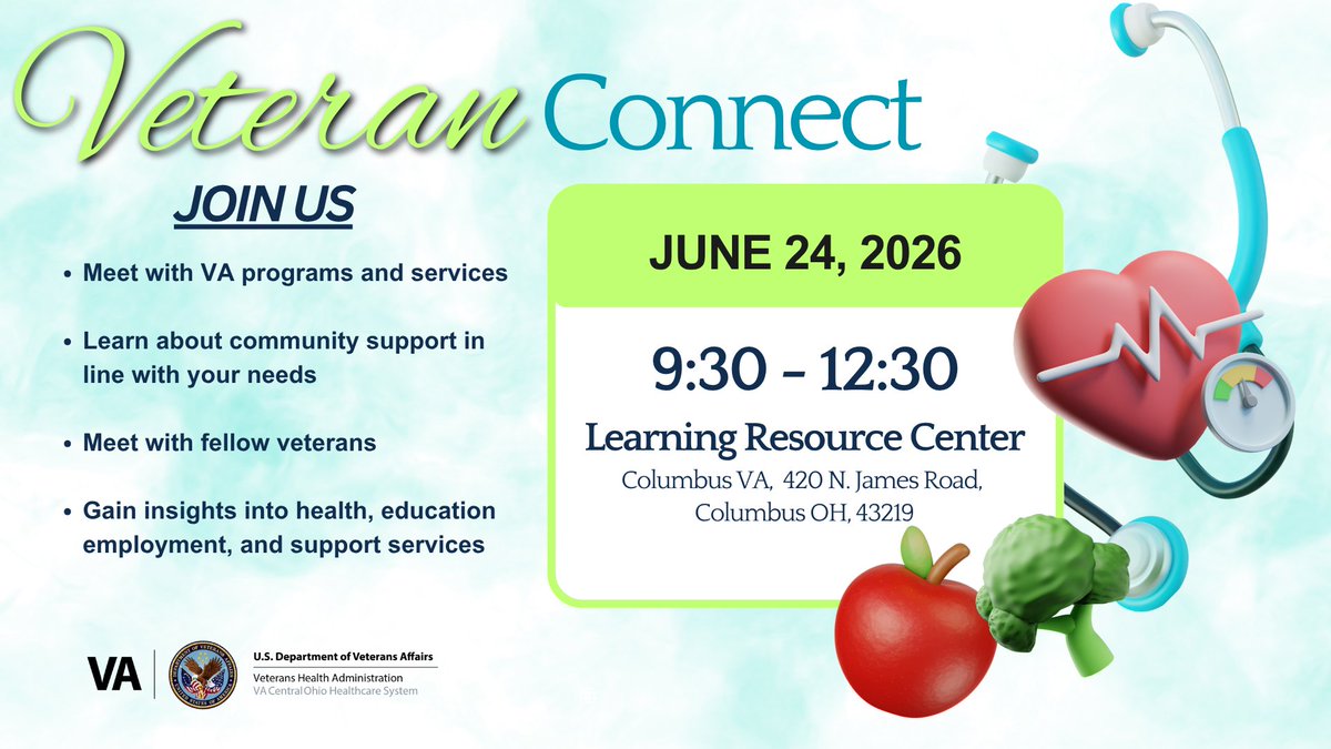 va_columbus's tweet photo. Join us for our monthly Veteran Connect outreach event held in the Learning Resource Center on the first floor at Columbus VA for an opportunity to learn more about programs that are available to Veterans at our facility. https://t.co/XwyIbdTae9