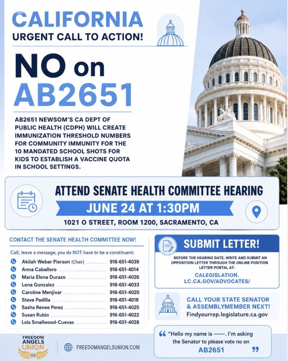 PioneerMama's tweet photo. 🚨URGENT: NO on AB2651! Stop the vaccine qouta for kids schools!

California Senate Health Committee hearing is June 24 at 1:30 PM.  

Call NOW and tell them to vote NO on Newsom’s bill that sets vaccine quotas for school kids:  

Akilah Weber Pierson (Chair): 916-651-4039  
Anna Caballero: 916-651-4014  
Maria Elena Durazo: 916-651-4026  
Lena Gonzalez: 916-651-4033  
Caroline Menjivar: 916-651-4020  
Steve Padilla: 916-651-4018  
Sasha Renee Perez: 916-651-4025  
Susan Rubio: 916-651-4022  
Lola Smallwood-Cuevas: 916-651-4028

You don’t have to be a constituent. Call today!  

Share & tag others — let’s stop this! #NoOnAB2651