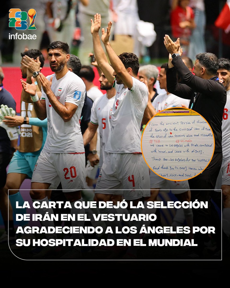 infobae's tweet photo. 🇮🇷 La Selección de Irán se fue de Los Ángeles y dejó un mensaje escrito en el vestuario luego del empate contra Bélgica.

💬 “Llegamos con orgullo y dejamos esta ciudad con honor… Deseamos paz, respeto y amistad entre todas las naciones del mundo”. https://t.co/R7deunhnbk