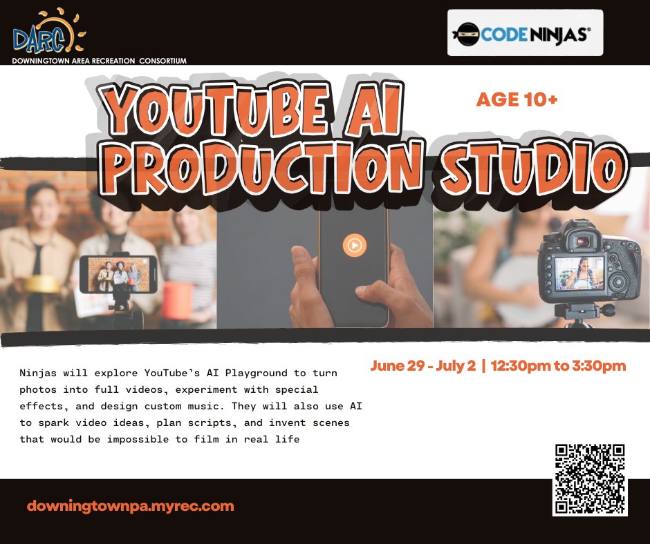 DowningtownRec's tweet photo. YouTube AI Production Studio with Code Ninjas

REGISTER: https://t.co/bHULsaUmaj

June 29 - July 2
12:30pm to 3:30pm
Ages 10+
Location: Code Ninjas, 150 East Pennsylvania Ave, Ste 410, Downingtown https://t.co/jqm88tcjbr
