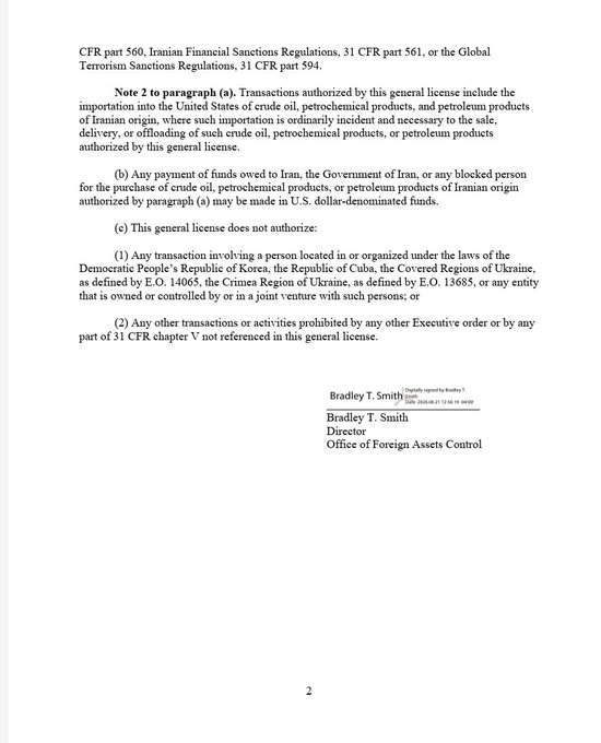 MeidasTouch's tweet photo. NEWS: The Trump administration has issued a 60-day waiver suspending U.S. sanctions on Iranian crude oil, petroleum, and petrochemical products, allowing Iran to sell its oil on the global market—including to the United States—through August 21, 2026.

The Treasury Department's new OFAC General License X also authorizes related banking, insurance, shipping, and other transactions necessary to facilitate those sales, while excluding transactions involving Cuba, North Korea, and the Russian-occupied regions of Ukraine.