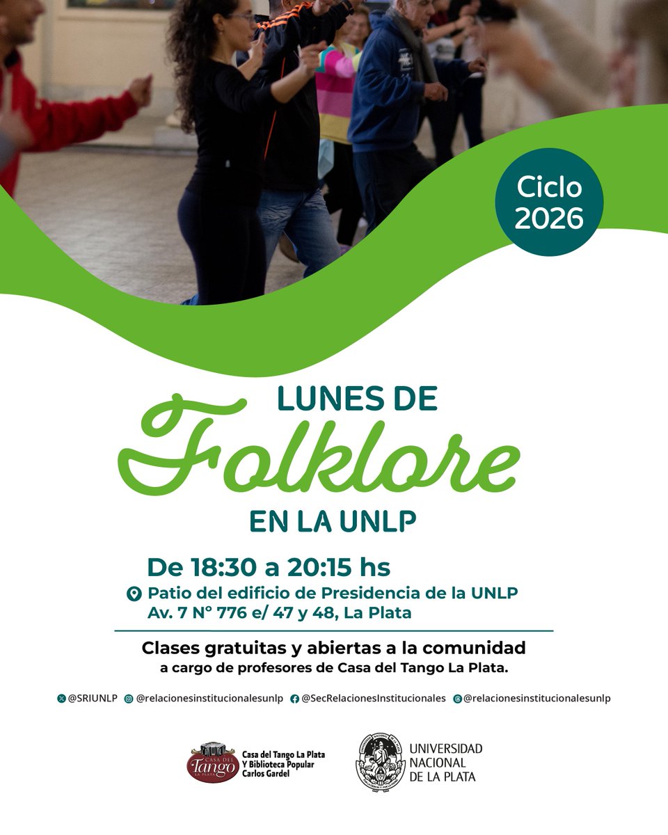 SRIUNLP's tweet photo. #LunesDeFolklore 📣 Desde las 18:30 hs., vení a aprender y bailar distintas danzas de nuestro Folklore en la @unlp. 💃🕺✨️
🔹️ Clases gratuitas y abiertas a la comunidad.
📍 Patio del edificio de Presidencia, Av. 7 entre 47 y 48.
¡Te esperamos! 😉 https://t.co/JSwKymDR7g