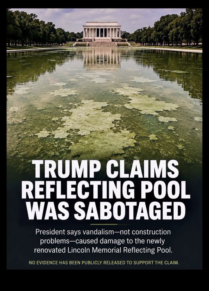 ChoiceCoffee99's tweet photo. Since #Trump and his sycophants don’t understand science, then  of course it’s HAS to be vandalism. Check the security cameras and you’ll see nobody poured anything in to cause algae growth. It was caused by an inept no bid contractor with zero experience in reflecting pools. https://t.co/4ZEAgEBgA8