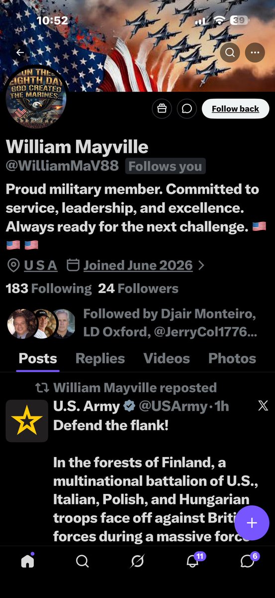 mc_swa49166's tweet photo. 🚨🚨🚨stolen valor 🚨🚨🚨
2 accounts both created at the same time. One followed me, my good friend John found the other one. 

@WilliamMaV88

@WilliamJrc3

Be very careful!! Make note of this name! This is a repeat offender. 
B&amp;R this scammer. https://t.co/u1QUmq3fiA
