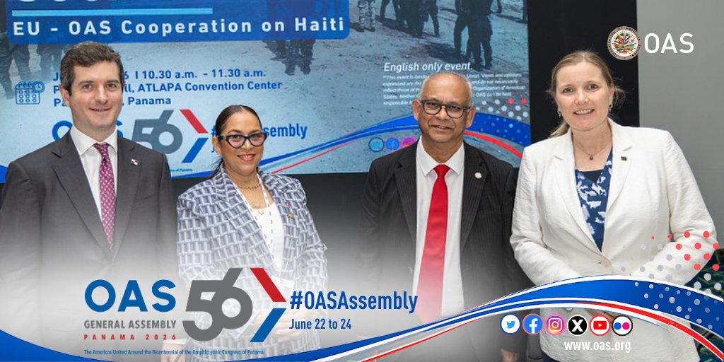 OAS_official's tweet photo. 📸 The European Union and the OAS launched in Panama a €10 million (US$11.6 million) initiative to strengthen the operational capacity of the Haitian National Police.

The project will establish five Forward Operating Bases and mobile control capabilities in the West Department to sustain the State’s presence where it is needed most.

🤝 Side event of the 56th #OASAssembly.

🌐 https://t.co/VvFlHB9lEp

#Haiti #Security #Cooperation #AsambleaOEA #AssembleiaOEA
@eu_eeas @PanamaOEA @CancilleriaPma @missionhaitioas @EUDelegationHt @pnh_officiel @dgparaison @GSForceHaiti @OEA_SegPublica @OEA_Seguridad