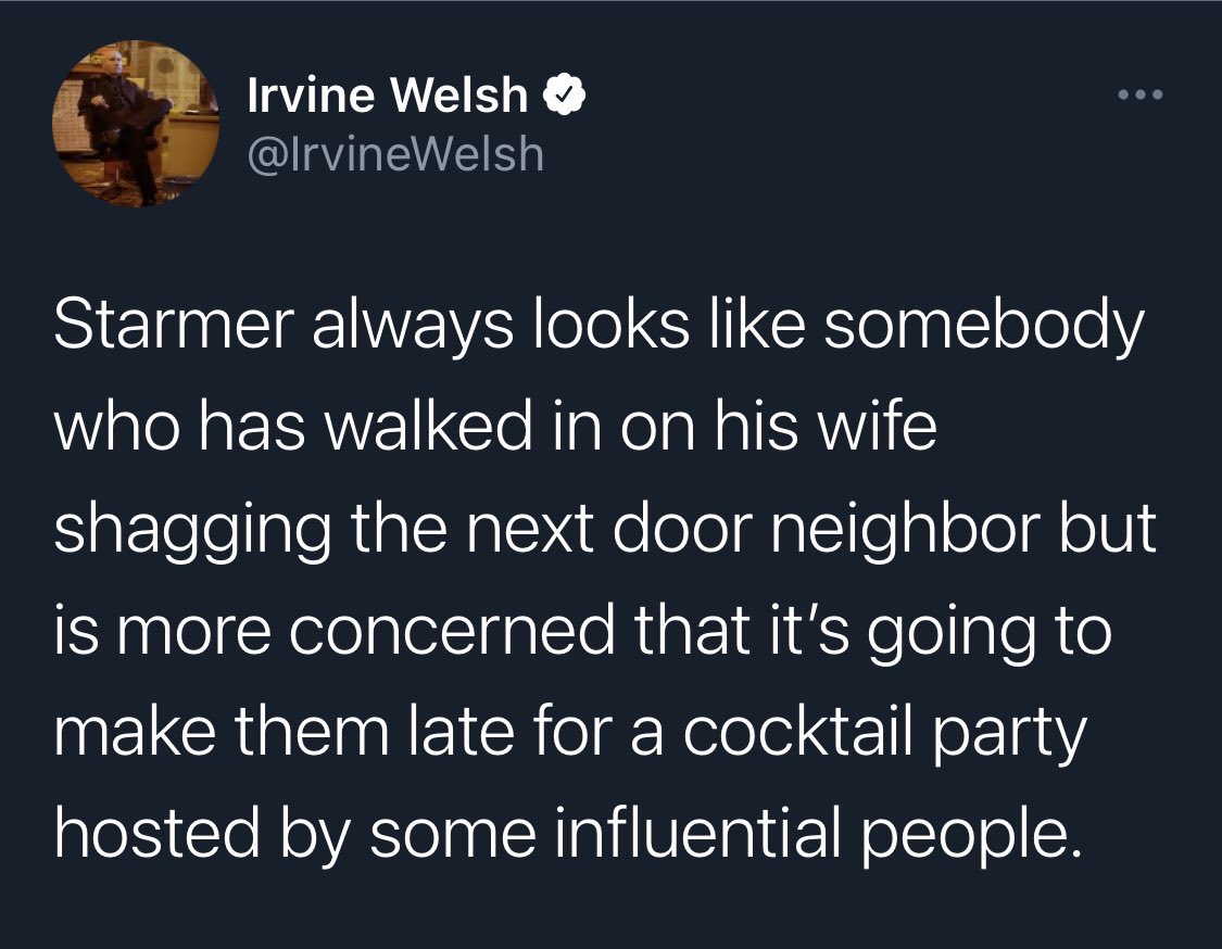 Ord_LeftRham's tweet photo. Still the best summary &amp; comment on Starmer…

Irvine Welsh sums him up perfectly &amp; precisely in a mere 35 words! 

Starmer always loved palaces,  plush hotels, grand ballrooms, sumptuous feasts &amp; champagne receptions than mixing with ordinary people. https://t.co/Av5AvU5meG