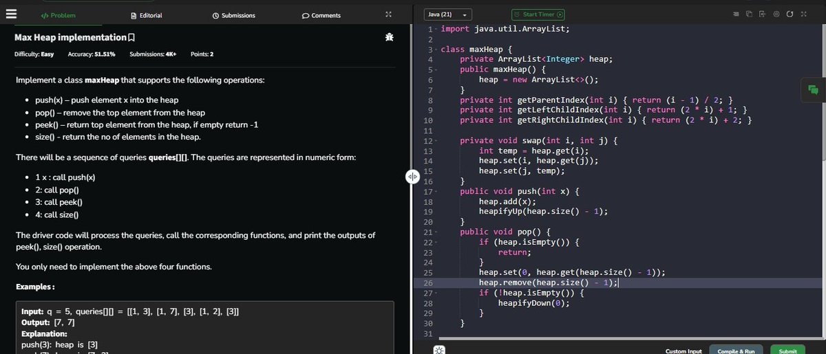 AnchalSing44445's tweet photo. @takeUforward_ @striver_79 Day 22 of  #SDESheetChallenge done today. 
🔹 Implement Max Heap (Building it from scratch using arrays)
🔹 K-th Largest element in an array
🔹 Maximum Sum Combination
@striver_79 @takeUforward_
#45DaysOfCode #DSA #Java https://t.co/sqhok14Yeo