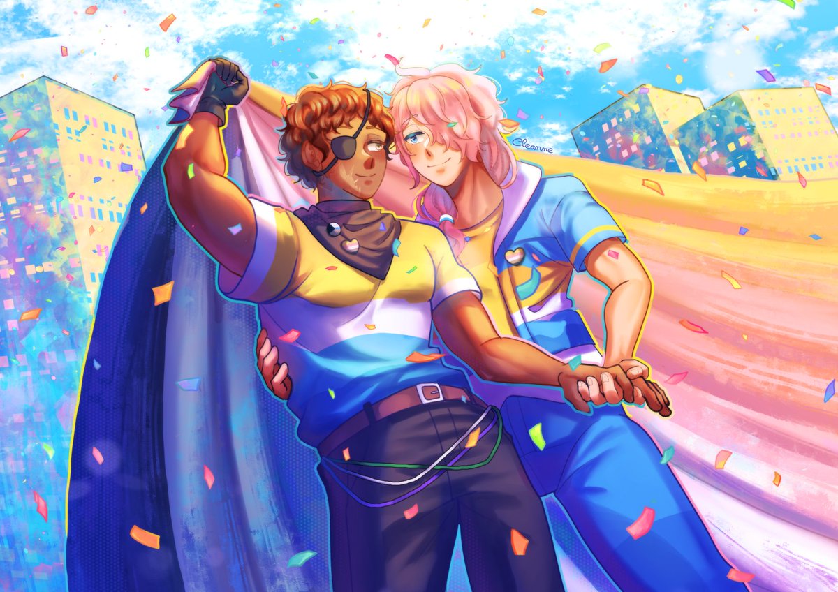 cleanne_art's tweet photo. My OCs Rayan &amp; Roméo and Rayan &amp; Diane from my indie visual novel: what WILL.remain();

They're holding the queerplatonic relationship flag! Happy Pride Month !🏳️‍🌈

#ocart #pridemonth https://t.co/8m6d2xC5AQ