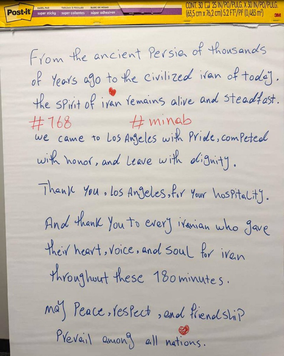 ArashMarkazi's tweet photo. Team Melli left this note in their locker room at SoFi Stadium: 

“From the ancient Persia of thousands of years ago to the civilised Iran of today, the spirit of Iran remains alive and steadfast. Thank you Los Angeles for your hospitality. We came to Los Angeles with pride, competed with honour, and leave with dignity.”