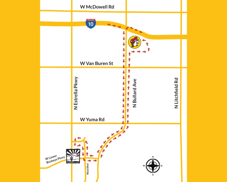 ArizonaDOT's tweet photo. Today is the day! @Bucees is officially open for business at Interstate 10 and Bullard Ave.

So far, traffic appears light. Follow the detour map provided by @GoodyearAZGov for an effortless visit.

More info: https://t.co/iLbStpPLhH https://t.co/1wcaVEdtnc