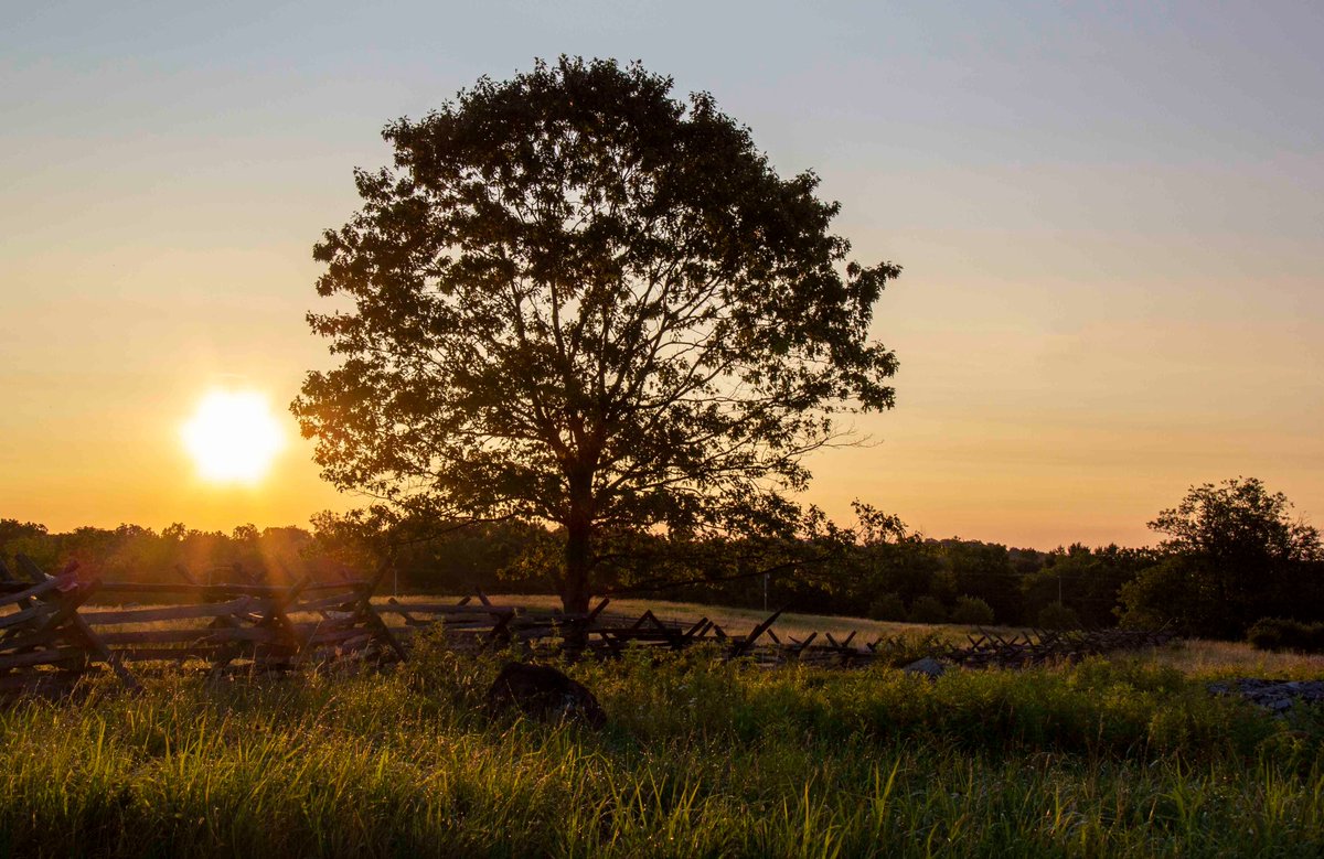 The fields of Gettysburg National Military Park at sunset.