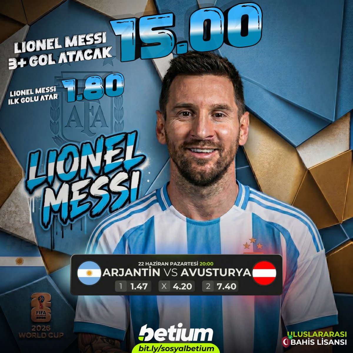 Betium_Turkiye's tweet photo. Dünya Kupası'nda Aradığın Oranlar #Betium'da!

🇦🇷Lionel Messi 3+ gol atacak ➡️ 15.00
🇦🇷Lionel Messi ilk golü atar ➡️  1.80

Tüm karşılaşmalar canlı bahis seçenekleri ve en yüksek oranlarla #Betium'da!

https://t.co/DSU8FTFZAi https://t.co/cTohhhMvU1