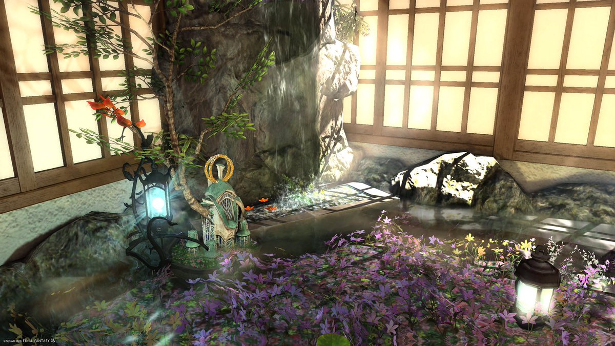 Nowhere_mens's tweet photo. #FF14
#常夜の庭

これ入って右手の部屋なんだけどね、イルメグプランターを追加したの
でね、常夜の雰囲気には合わないって判ってるけどね、マリモランプを紅色の葉の枝に掛けたのね

若木に生えた一端の紅、そこに掛かる燈火、水没した建物の模型と花畑、滝
ちょっとした趣味です https://t.co/fUgAgYEq11
