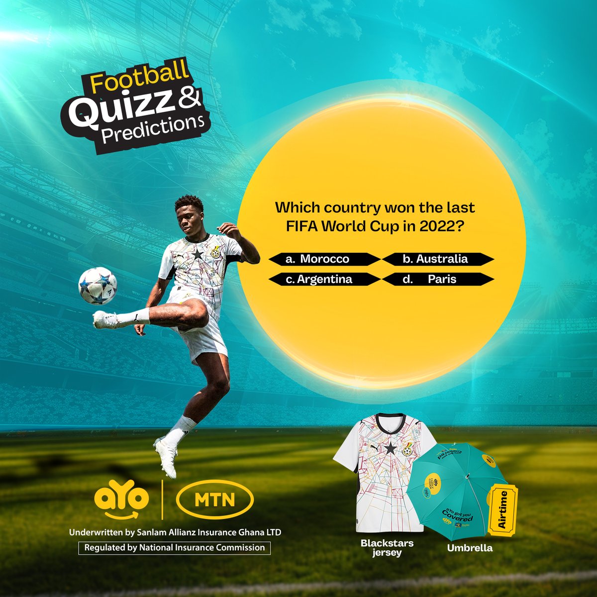 aYo__Ghana's tweet photo. Which country won the FIFA World Cup in 2022?
Drop your answer in the comment section

NB: The first two people to answer correctly will be selected as winners.

Ready? Let the game begin!

#WorldCupTrivia #FIFAWorldCup #FootballFans #aYo #BecauseYouCare https://t.co/0xhKuvZR6A